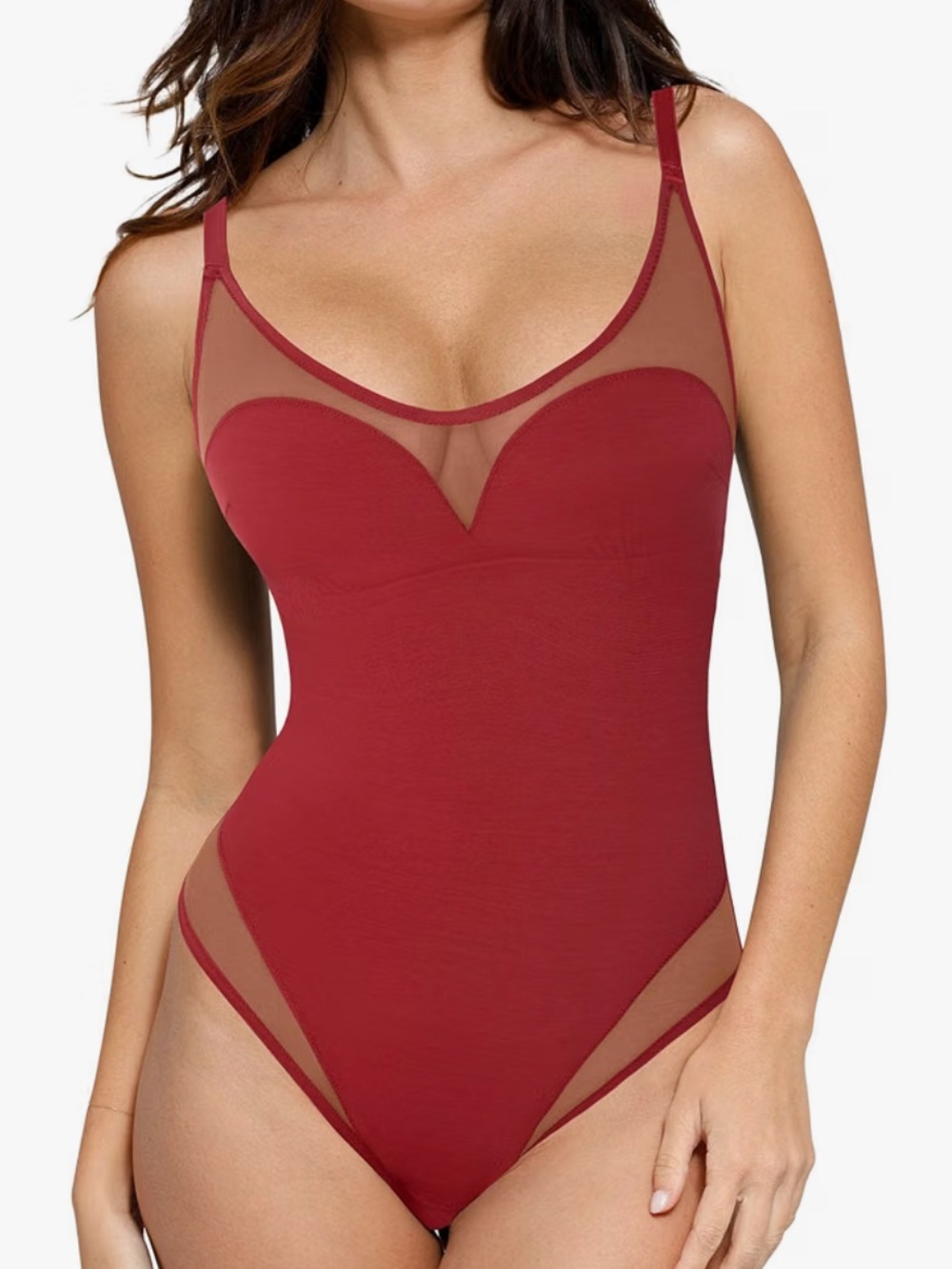 Sculpting Sheer-Panel Red Shaping Bodysuit